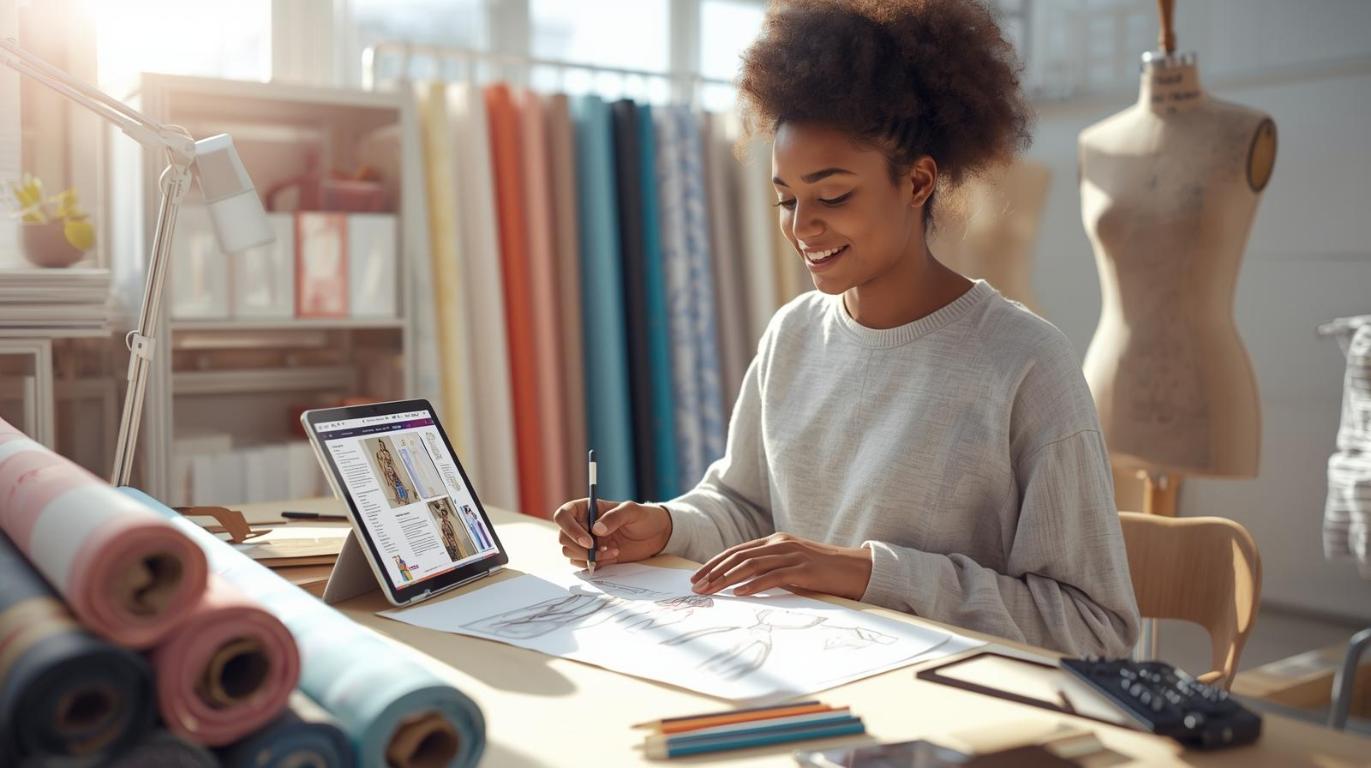 Fashion student sketches designs using tablet with digital textbook PDF in studio.