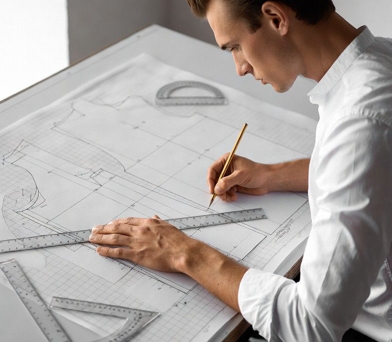 fashion designer drafting garment patterns with geometric tools
